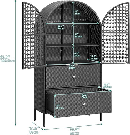 YITAHOME 65 Inch Outdoor Storage Shed, Arched Wicker Stand-Up Pantry with 3 Shelves & 2 Drawers, Rustic Storage Cabinet Patio Furniture for Backyard Garden Patio Lawn (Black)