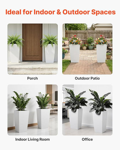 VEVOR 30 inch Tall Planters for Outdoor Plants Set of 2, White Tall Planter for Indoor Plants, Modern Large Planters for Front Porch Patio Balcony, Plant Container Flower Pots with Built-in Drainage