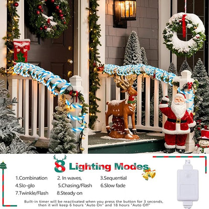 Jnaurb Christmas Candy Cane Lights, 66ft 480 LED Connectable Flexible White & Blue Candy Cane Rope Lights for Outside, 8 Modes Waterproof LED Christmas Light for Garden Patio Tree Holiday Party Decor