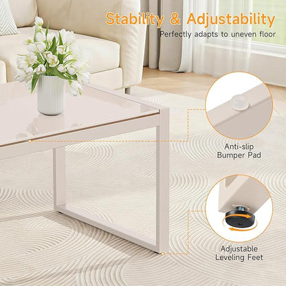 ONBRILL Rectangle Coffee Table with Tempered Glass Desktop, Galvanized Frame Outdoor Coffee Table with Adjustable Feet for Patio, Balcony, Deck, Living Room, Sand