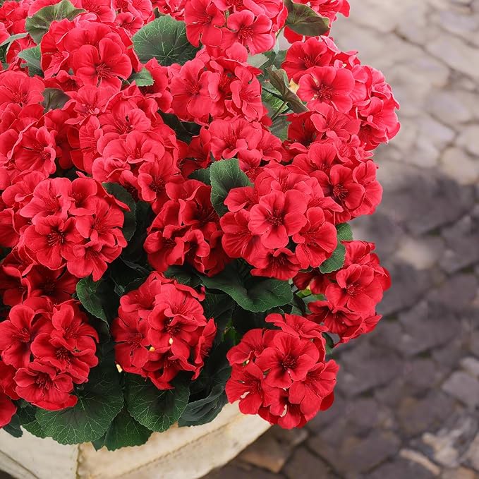Artificial Geranium Flowers, Red Silk Blooms for Indoor and Outdoor Decor