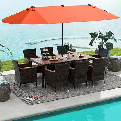 Tangkula 11 Piece Rattan Outdoor Dining Set with 15Ft Patio Umbrella for 8, Outdoor Wicker Table Set with 8 Cushioned Armchairs, Acacia Wood Top, Outdoor Umbrella with Base Included