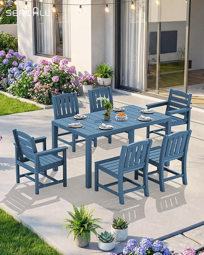 SERWALL 11-Piece Outdoor Dining Set, 60" - 83" Expandable Outdoor Dining Table and 10 HDPE Chairs, All Weather HDPE Outdoor Furniture Set for Backyard, Garden, Blue