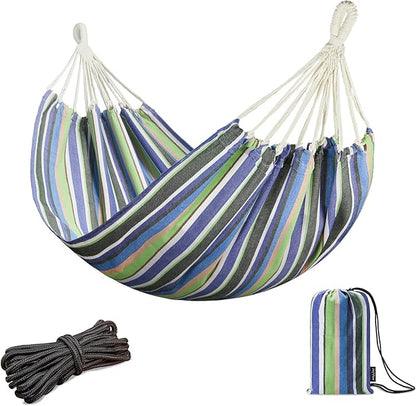 JoyView Brazilian Hammock for Single Person Portable Hammock with Hanging Ropes & Carry Bag Large 78.8x39.4” for Patio 300LBS Capacity Perfect for Outdoor/Indoor - Blue & Green Stripes