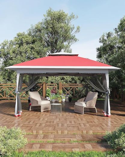 Canopy Tent 12x12 ft, Pop Up Gazebo One-Push Setup with 4 SandBags for Backyard Parties and BBQs, Mosquito Netting & Height Adjustable - Red