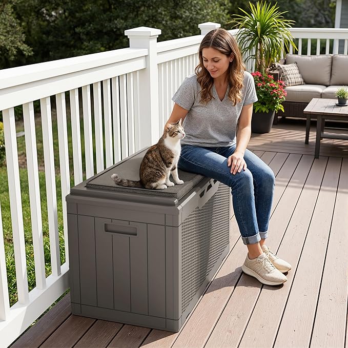 Storage Bench Resin Deck Box, 100 Gallon Lockable, Light Coffee