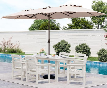 SERWALL 8-Piece Patio Dining Sets with 15FT Double Side Patio Umbrella, Outdoor HDPE Dining Furniture Set with Umbrella Hole Cut-Out Table and 6 Chairs, White（Umbreall Base not Included）