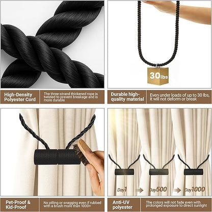 Hion Magnetic Curtain Tiebacks Black 2pcs, Curtain Tiebacks Buckles Holdbacks Holders Hooks Clip for Home Bedroom Office Decorative Curtain