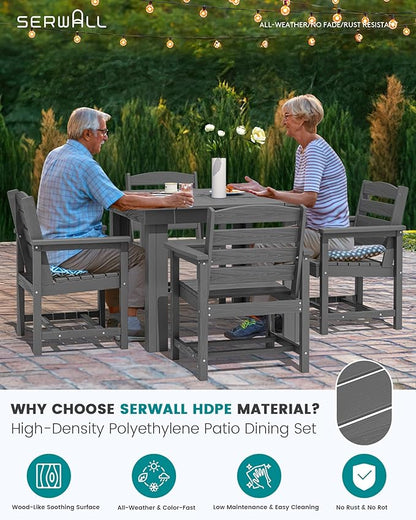 SERWALL Outdoor Dining Set for 4, HDPE Square Table and Chairs Set All Weather Patio Dining Set with 4 Classic Dining Chairs, 5-Piece Patio Dining Furniture for Deck, Gray