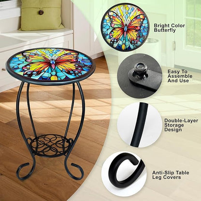 LIFFY Outdoor Side Table, 14" Round Mosaic Patio Table with Glass Butterfly Tabletop, 21" Height 2-Tier Indoor Small Decorative Plant Stand & End Table with Metal Frame for Home, Garden, Yard