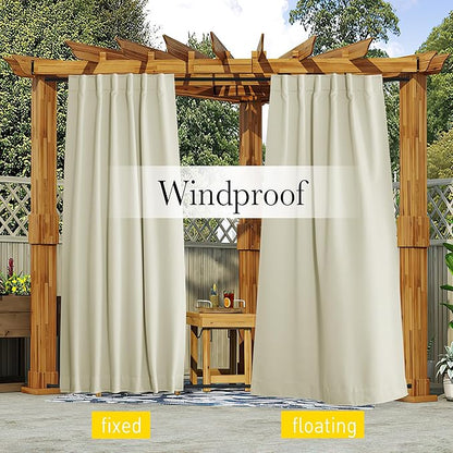 NICETOWN 2 Panels Outdoor Curtains Waterproof Pocket & Back Tab on Top & Bottom, Thermal Insulated Windproof Sun Blocking Outside Privacy Drapes for Patio with Fixed Rope, W52 x L84, Beige