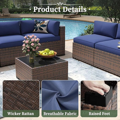 Aoxun 11 Piece Patio Furniture Set with 44” Fire Pit Table Wicker Rattan Outdoor Sectional Sofa Set with Coffee Table and 4” Thickened Cushions, Blue (Waterproof Cover Included)