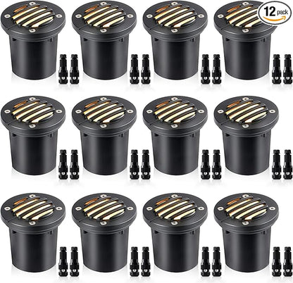 SUNVIE 12W Low Voltage Landscape Lighting with Connectors 1200LM Ultra Bright Well Lights Landscape LED In Ground Waterproof Outdoor Warm White Paver Lights for Garden Yard Driveway 12 Pack