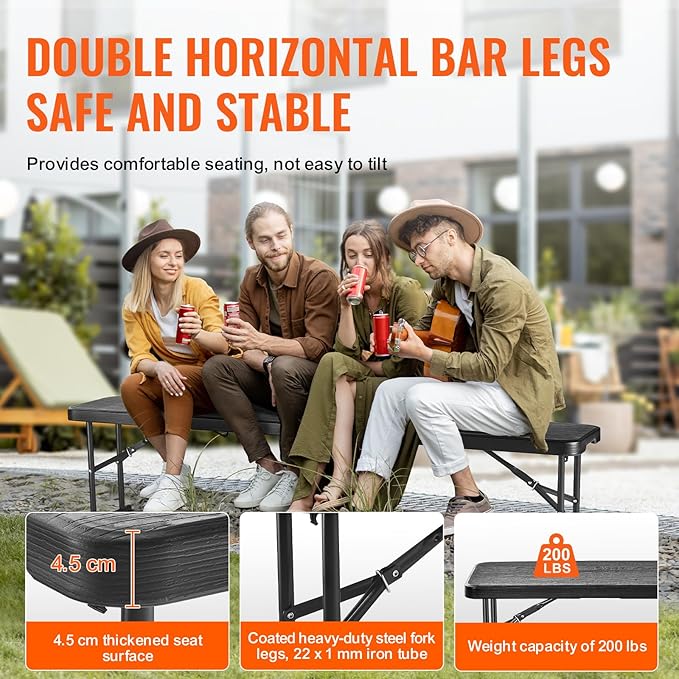 VEVOR Plastic Folding Bench, 6ft Portable Folding Bench, Smooth High Density Polyethylene Waterproof Outdoor Bench, Picnic Camping Table with Handle for Garden Soccer Playtime, Black (1 Pack)