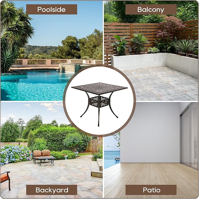 Patio Dining Table,Cast Aluminum Patio Table with Umbrella Hole, Outdoor Bistro Table for Backyard, Garden, Patio (35" Rectangle Dining Table)