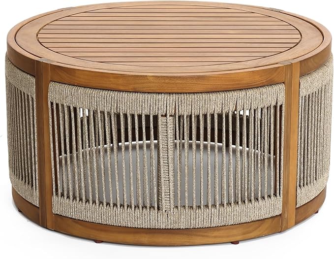 LuxenHome Outdoor Coffee Table, 31'' Acacia Wood Rope Drum Round Sides Patio Tables, Modern Farmhouse Garden Coffee Table, Outdoor Furniture for Porch, Balcony, Outside Furniture