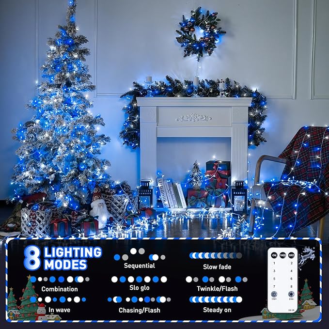 String Lights with 600 Blue and White LEDs, 168 ft Outdoor Corded
