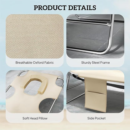 Outsunny Chaise Lounge Chair Outdoor Set of 2 with Face Arm Hole, 5-Position Reclining Face Down Tanning Chair with Carry Strap, Side Pocket, Portable Folding Bed Cot for Patio Beach Pool, Beige