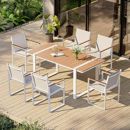 Outdoor Dining Table for 6, HDPS+ Aluminum Patio Dning Table with U-Shape Leg, Size: 67.4"*32.3"*29.6",Modern Rectangular Table for Lawn, Garden (White-Teak)