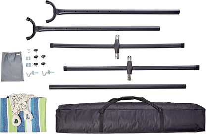 Amazon Basics Double Hammock with 9-Foot Space Saving Steel Stand and Carrying Case, 2 Person, 450 lb Capacity, Cotton Polyester, Oasis Stripe, 110" x 47" x 43"