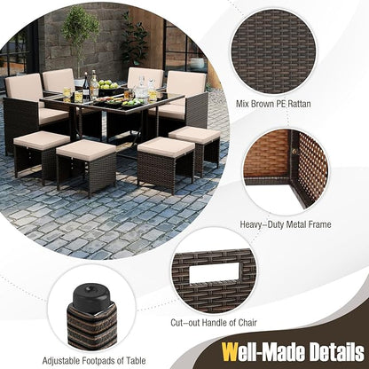 Tangkula 9 Piece Patio Dining Set, Rattan Chairs with Tempered Glass Table & Ottoman, Space Saving Wicker Sectional Conversation Set with Removable Cushions, Outdoor Furniture for Backyard Garden Deck