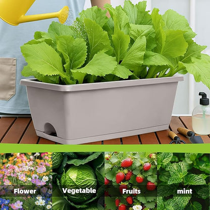 Window Box Planter, 12 Pack Plastic Vegetable Flower Planters Boxes 17 Inches Rectangular Flower Pots with Saucers for Indoor Outdoor Garden, Patio, Home Decor (Brick RED) (French Grey)