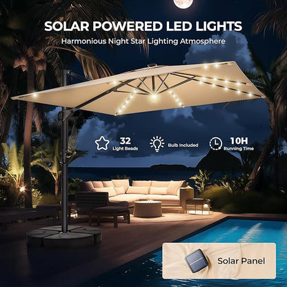 HOMSHADE 10 ft Square Cantilever Patio Umbrella with Base Included, Solar Lights Large Umbrella Outdoor Patio with 360°Rotation&Tilting, LED Lighted Offset Umbrellas w/Stand for Pool Deck
