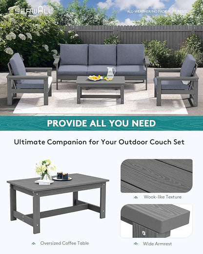 SERWALL HDPE Patio Conversation Set, 6-piece Sectional Outdoor Furniture Set, All Weather Outdoor Couch Set Patio Furniture Set for Deck, Lawn, Blue Frame with Grey Cushion