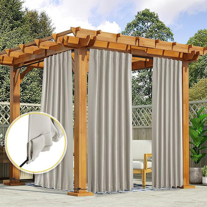 NICETOWN 2 Panels Fixed Outdoor Curtains for Patio Waterproof, Top & Bottom Pocket & Back Tab Windproof Thermal Cold & Heat Block Blackout Outdoor Drapes for Porch/Gazebo, W52 x L84, Natural