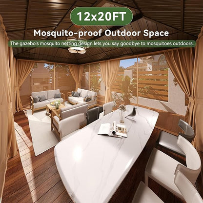 Aoxun 10x12 Gazebo Outdoor Hardtop Gazebo with Double Galvanized Steel Roof Metal Frame Pavilion with Breathable Netting and Privacy Curtain for Backyard (Brown)