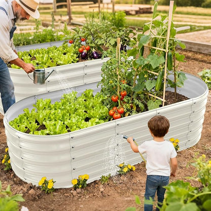 17" Tall Outdoor Garden Raised Garden Bed Kits, 5ft X 2ft Oval,0.8MM Thick Metal Raised Planter Bed/Ground Planter Box for Variety of Flowers,Herbs,Vegetables (Cream White, 60X24X16.5 Inches)