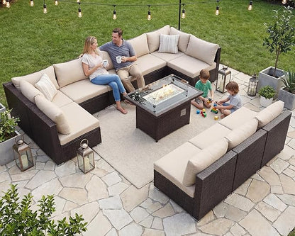 NICESOUL Modern Luxury Outdoor Patio Sectional Furniture Set with Fire Pit Table, Large Size PE Brown Wicker 29.3'' High Back Conversation Set with Natural Gas/Propane Fireplace, 11 Pieces 10 Seats