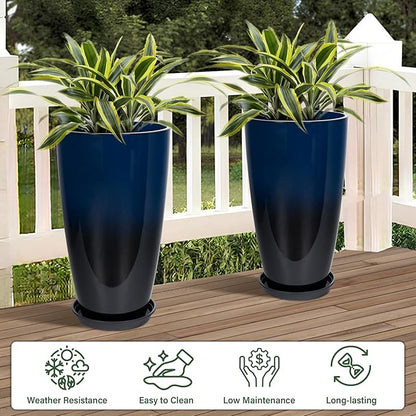 Set of 2 Lightweight Ceramic-Look Tall Planter, 21 inch Large Plastic Planter with Drain Hole & Saucers, Large Outdoor Planters for Porch, Garden, Patio, Balcony(Dark Blue)