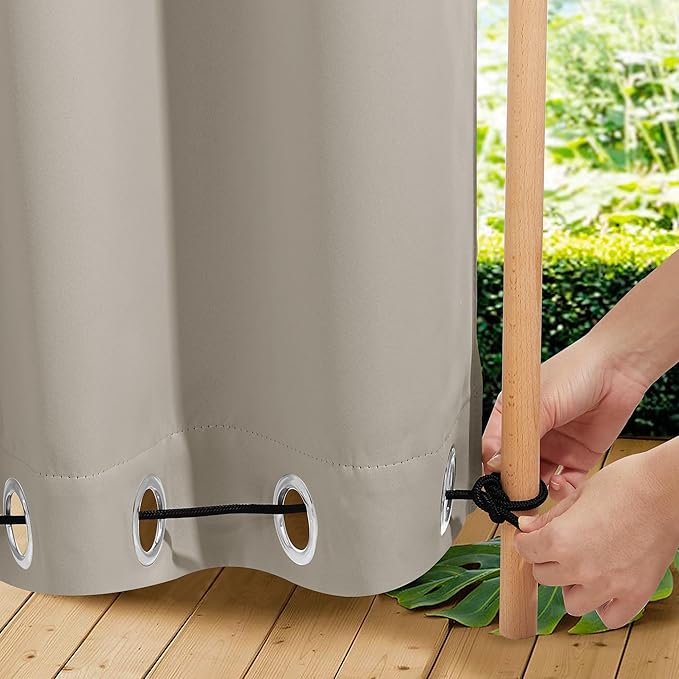 NICETOWN 2 Panels Outdoor Curtains for Patio Waterproof & Windproof, Thermal Insulated Top & Bottom Grommet & Back Tab Sun Blocking Outdoor Drapes with Fixed Rope for Gazebo, Natural, W66 x L90