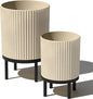 Veradek Demi Series Round Planter w/Stand for Porch/Patio | Durable Plastic-Stone Composite & Wooden Stand | Modern Décor for Tall Plants, Flowers