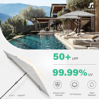 JEAREY 6.5x10 ft Rectangular Patio Umbrellas Rectangle Outdoor Umbrella with Push Button Tilt and Crank, Market Table Umbrella 6 Sturdy Ribs UV Protection for Poolside Garden Backyard Deck, Foggy Gray