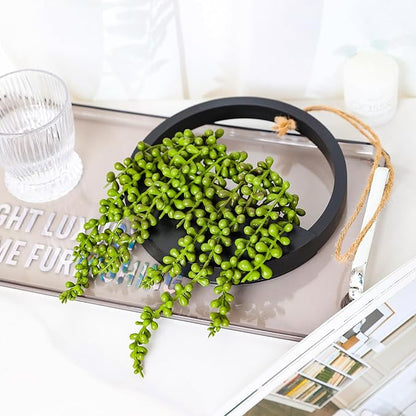 Floweroyal 2pcs Artificial Succulents Hanging Plants 12.2'' Fake String of Pearls in Pot with 8.3'' Lanyard for Indoor Outdoor Wall Decor (Black).
