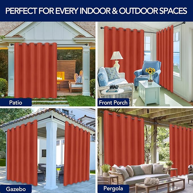 PureFit Outdoor Curtains for Patio Waterproof Weatherproof, UV Resistant Outside Curtains for Gazebo, Front Porch, Pergola, Sun Blocking Privacy Curtain, 100W x 108L inch, 1 Panel, Red Clay