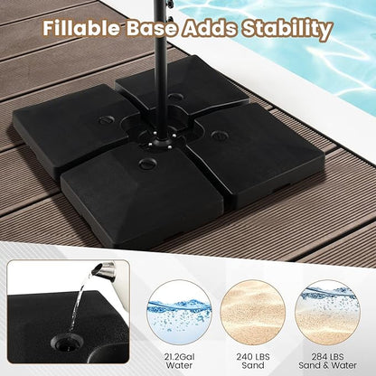 Tangkula 4-Piece 20L Cantilever Offset Patio Umbrella Base, 284 Lbs Heavy-Duty Water & Sand Filled Umbrella Stand, Square Weighted Plate Set with Easy-Fill Spouts, Black