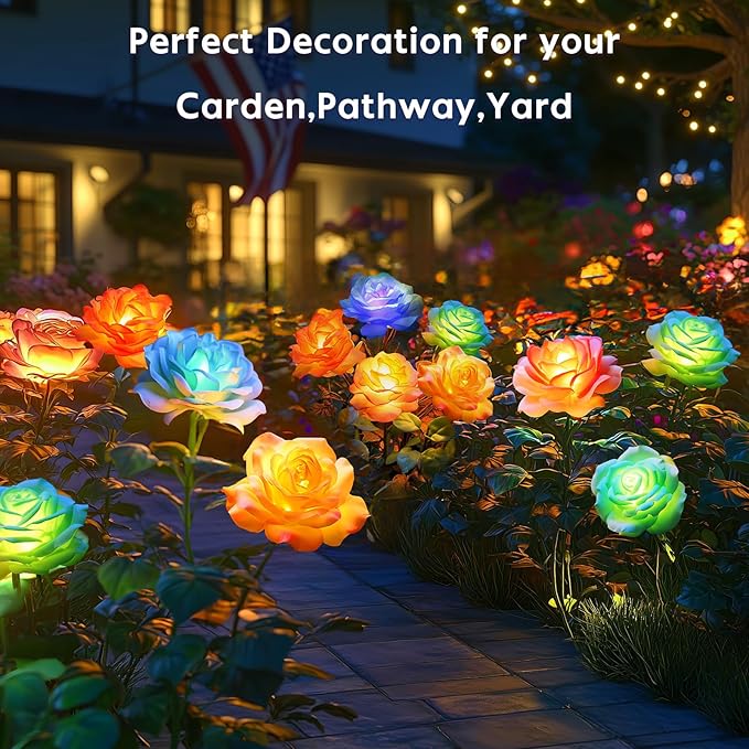 Solar Garden Lights Outdoor Waterproof: 6 Pack LED Solar Flowers Lights Garden Decor - 7 Color-Changing Spring Solar-Powered Stake Rose Decor for Patio Outside Yard Pathway Lawn Cemetery Decorations