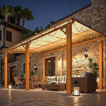 AECOJOY 14' x 10' Gazebo for Patio, Wood Grain Hard Top Lean to Gazebo Pergola with Roof (140 Sq.Ft Shaded), Large Wall-Mounted Heavy Duty Awnings for Patio, Decks, Backyard and More