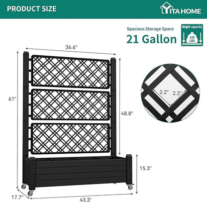 YITAHOME 43.3x17.7x61 in Planter Trellis Box with Wheels & Drain Plug, Outdoor Resin Raised Garden Bed for Climbing Plants, Large Weather-Resistant Design, Black