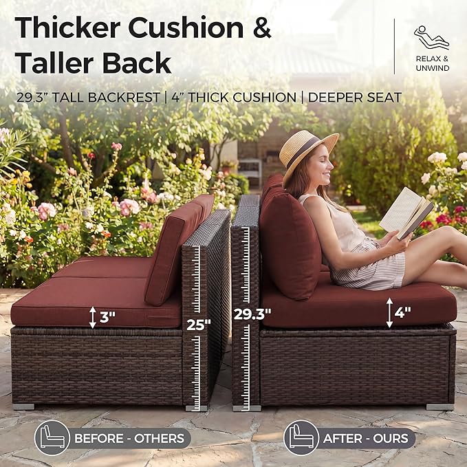 NICESOUL 7 Piece Modular Outdoor Furniture Set with Firepit Natural Gas&Propane, 29.3'' High Back L-Shaped 6-Seater Patio Wicker Sectional Sofa Couch Sets for Tall People, Brown Rattan and Red Cushion