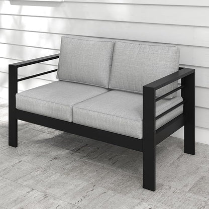 Kiss the Water Outdoor Patio Furniture Loveseat Sofa, All-Weather Metal Aluminum Patio Couch with 5" Thick and Soft Cushion and Wide Arm, Outdoor Couch for Balcony, Porch, Backyard