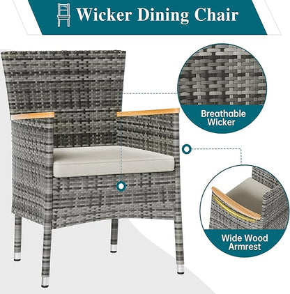Shintenchi 7 Piece Patio Dining Set, Wicker Patio Conversation Set with Wooden Table Top, Outdoor Table and Chairs with Soft Cushions for Backyard, Deck and Garden, Grey Wicker