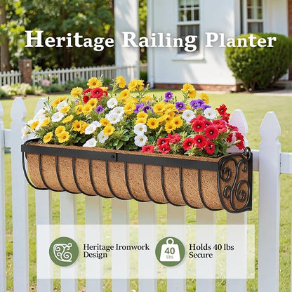 Railing Planter Boxes, 30 Inch Window Boxes Planters, Balcony Planters with Adjustable Brackets & Coco Liner & Support Rod for Outdoor Fence, Deck, Porch, and Patio Gardening, 3 Pack