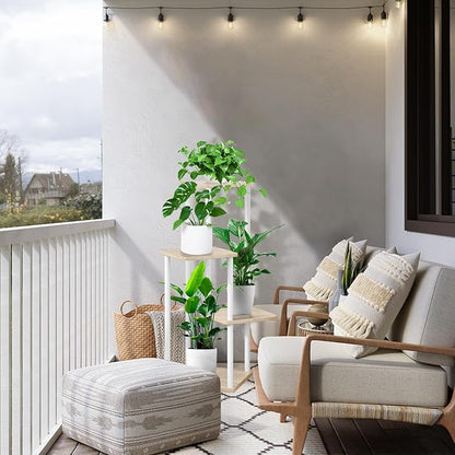 4 Tier Plant Stand Indoor, Thickened Metal Wood Corner Plant Shelf Stands for Multiple Plants, Indoor Tall Plants Stand Tiered Flower Holder for Living Room Patio Garden Balcony(White+Oak)