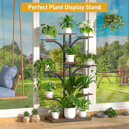 ikkle Plant Stand Indoor with Grow Lights, 64" Tall Plant Shelf, 9 Tiered Corner Plant Shelves for Indoor Plants Multiple, Large Flower Display Holder, Tree-Shaped Plant Rack for Home, Living Room, Patio Decor