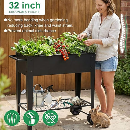 Elevated 32" Tall Raised Garden Bed with Legs and Wheels for Mobility, Metal Planter Boxes Outdoor with Shelf, Raised Bed for Gardening Vegetables/Herbs, Backyard, Patio, Balcony, Black