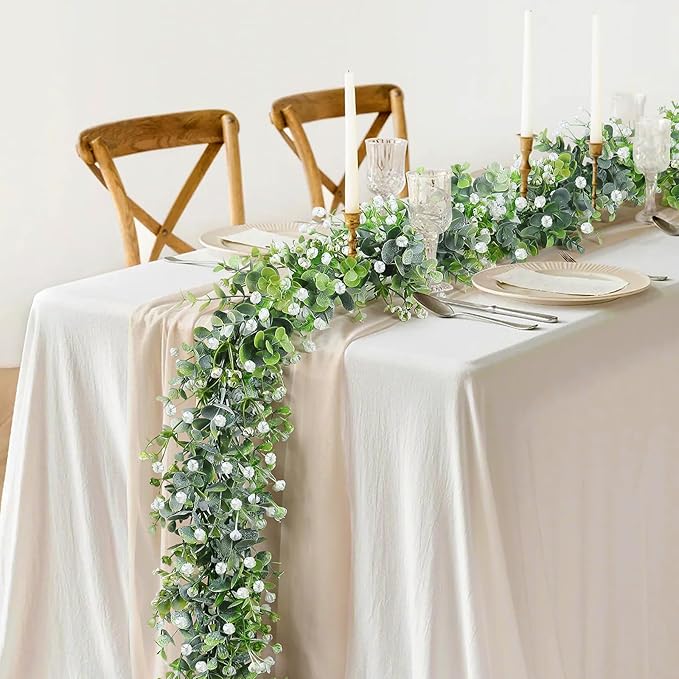 Artificial Plants Greenery Garland, 4 Pack Green Eucalyptus with White Flowers